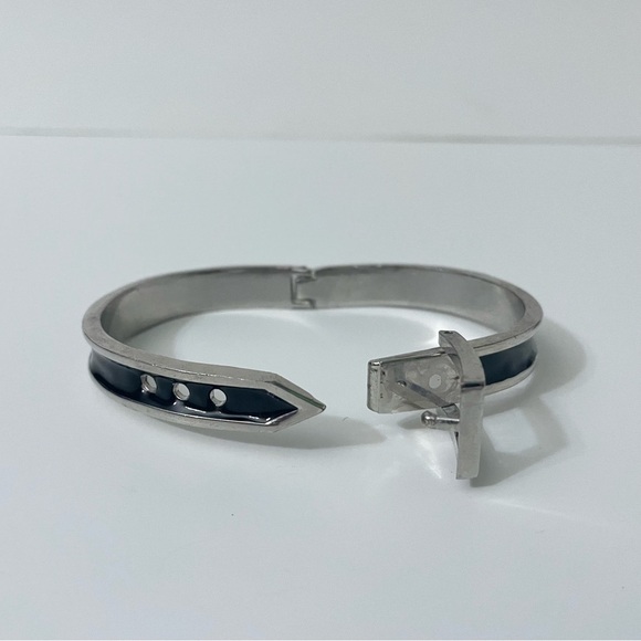 Adjustable Belt Black & Silver Enamel Paint Metal Hinged Bangle Bracelet - Picture 8 of 13